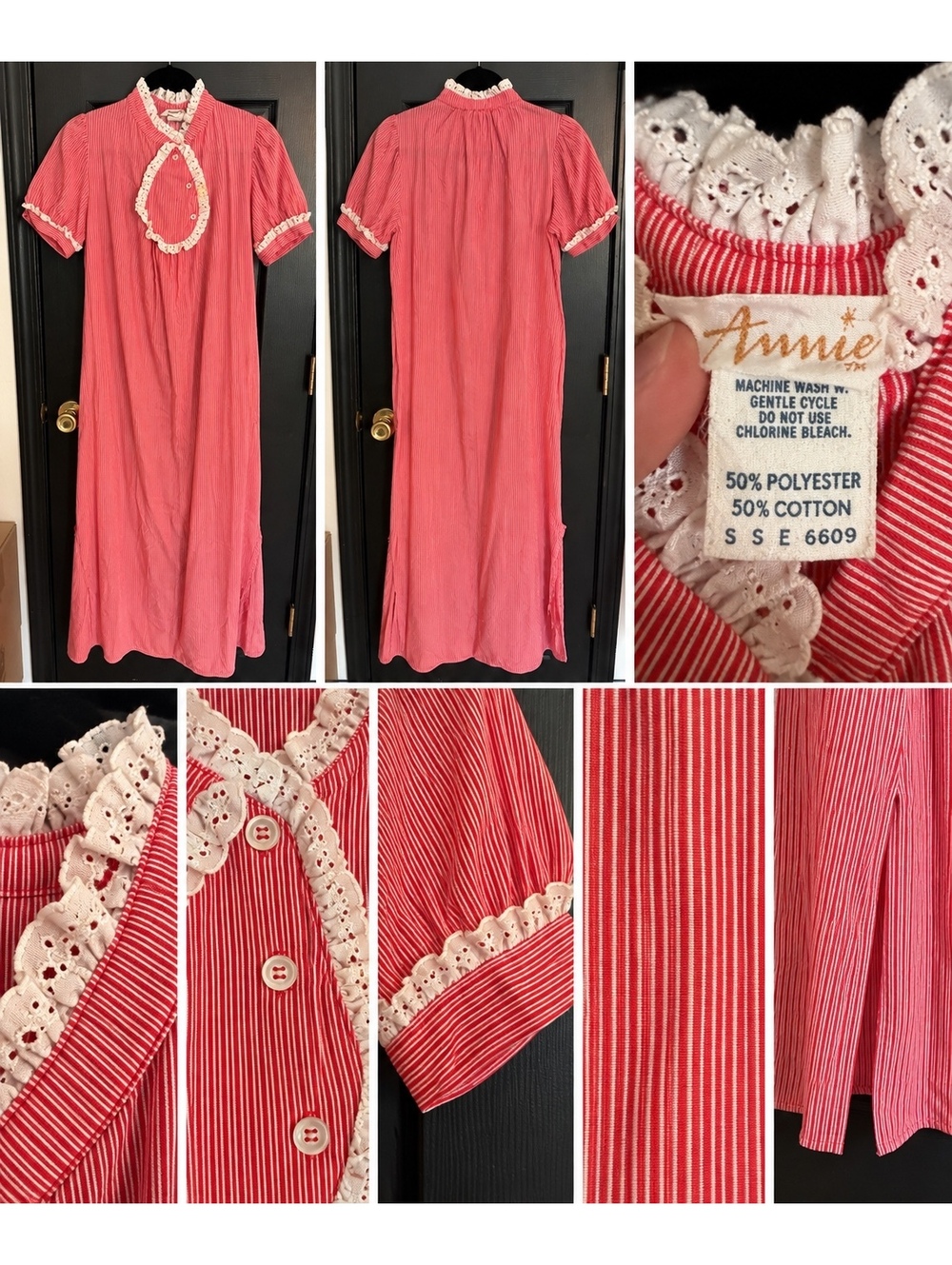 Pink pleated house dress with lace trim